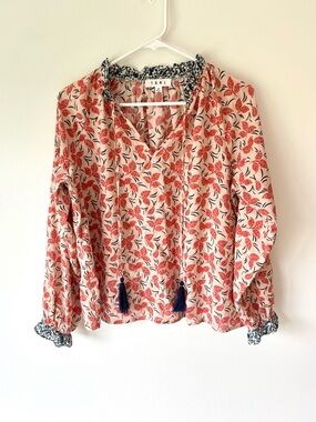 THML Orange Blue Leaf Floral Cotton Blouse Tassels Ruffle Neckline Boho Peasant